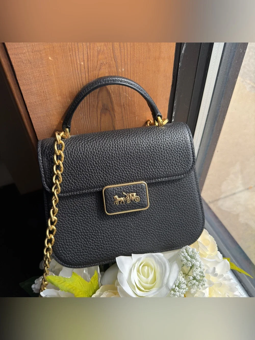 Coach Pebbled Leather Top Handle Bag in Black with Gold Hardware